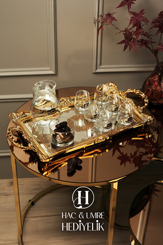 Zemzem Sunum Takımı 9 Parça | Aynalı Tepsili Lüks İçecek Sunum Seti | Mevlid Hac Umre Hediyesi