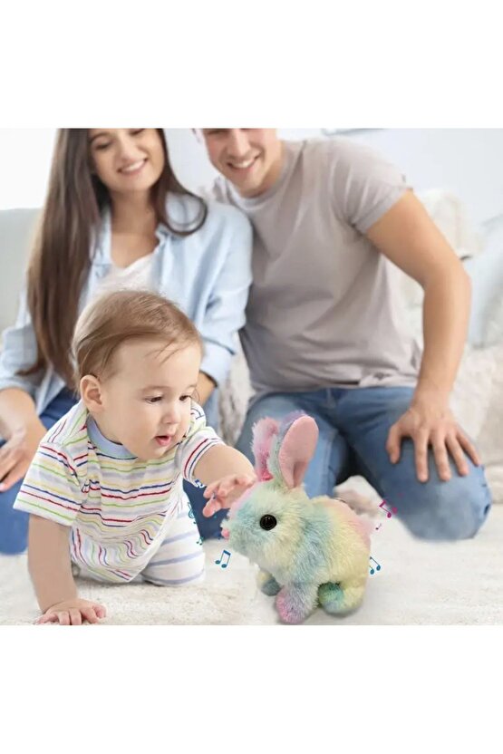 Sevimli gökkuşagı tavşan pilli sesli hareketli oyuncak 17 cm