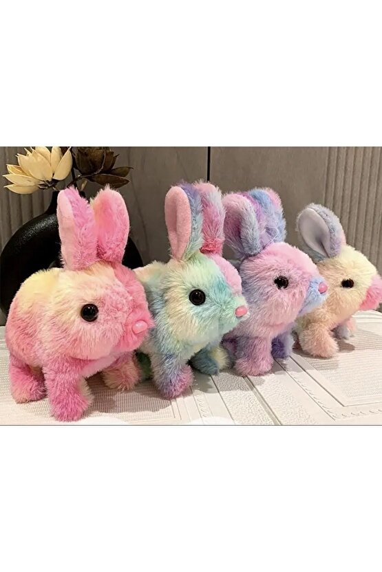 Sevimli gökkuşagı tavşan pilli sesli hareketli oyuncak 17 cm