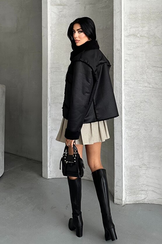 Kadın Çift Cepli İçi Suni Kürklü Suni Deri Biker Mont