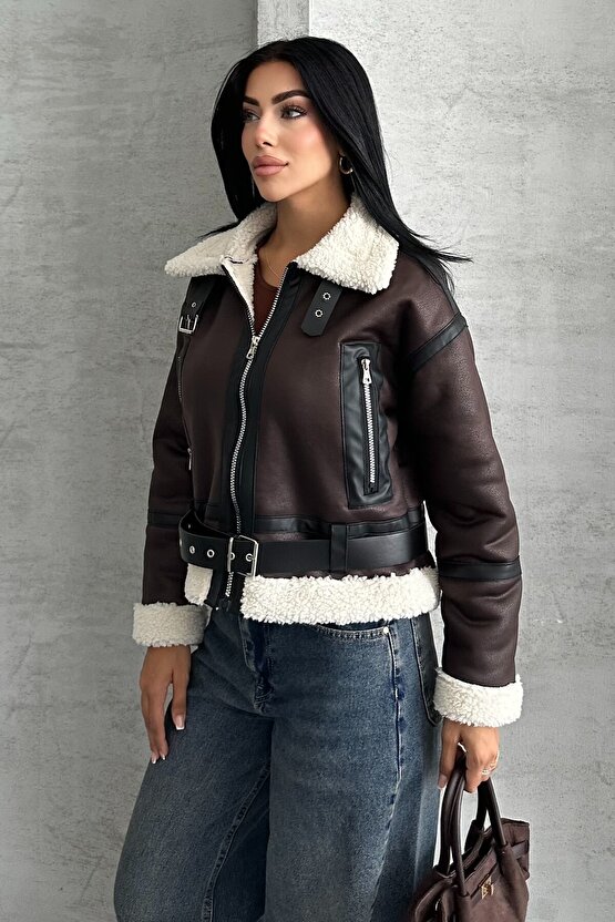 Kadın Kemerli İçi Kürklü Deri Mont - Biker Deri Ceket