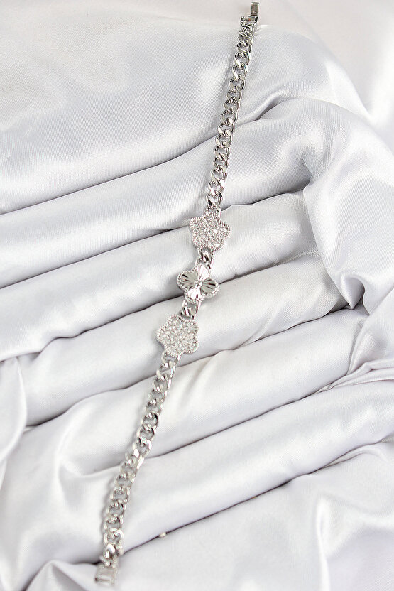 Pirinç Zirkon Taşlı Yonca Model Gümüş Renk Kadın Bileklik