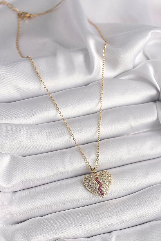 316L Çelik Gold Renk Zincir Zirkon Taşlı Kalp Model Kadın Kolye
