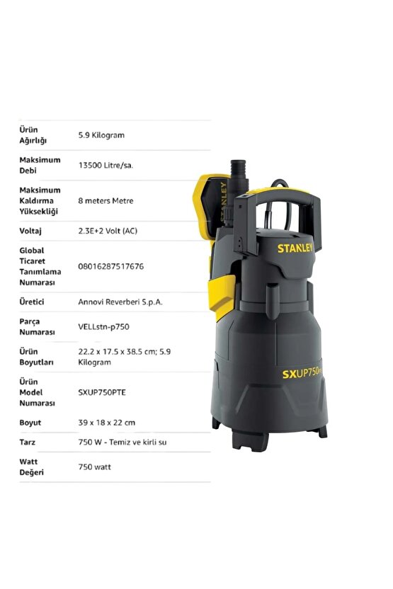 SXUP750PTE 750 W Kirli Su Dalgıç Pompa