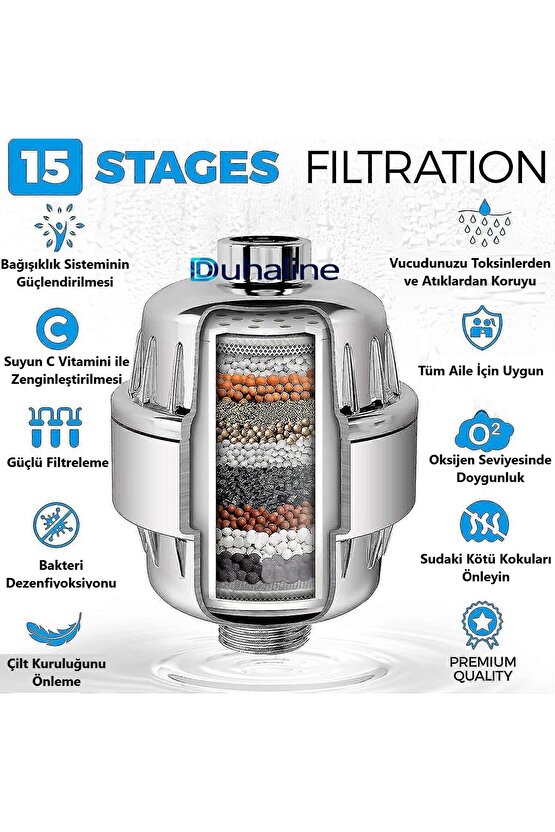 15 Aşamalı Duş Banyo Mutfak Filtresi Klor Kireç Kötü Koku Toksinlere Karşı Etkili Su Arıtma Sistemi