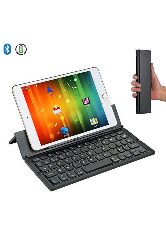 Yeni Nesil Bluetooth Tablet Klavyesi Kablosuz Mini Şarjlı Klavye Kendinden Standlı Katlanır Taşınır