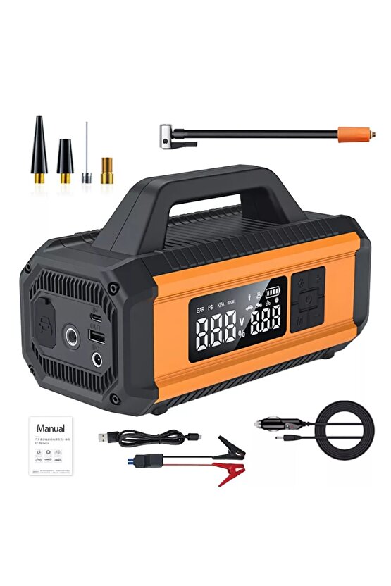 ACİL AKÜ TAKVİYE MARŞ MOTORU START 10000MAH 12V 150PSİ LASTİK ŞİŞİRME POMPASI POWERBANK LED LAMBA