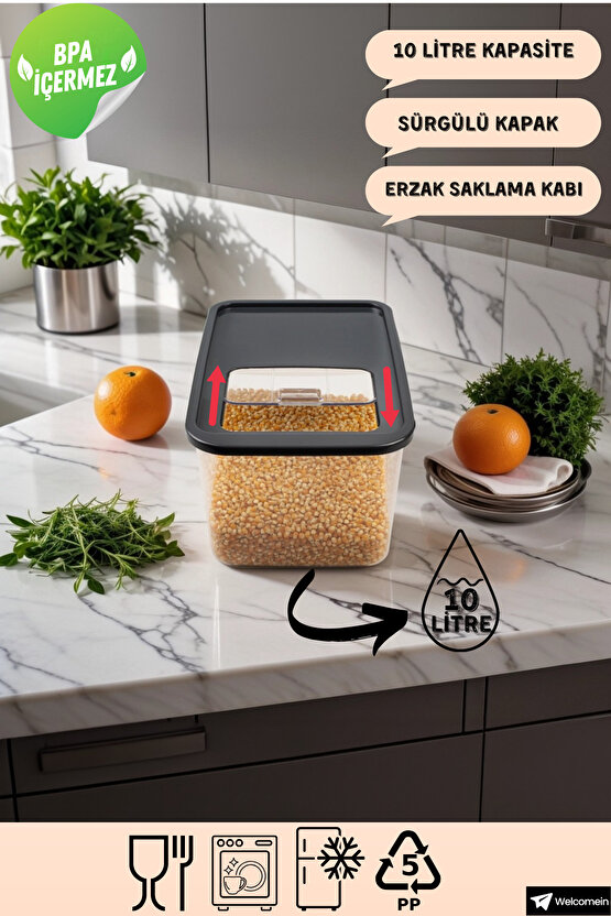 Mega Boy 10 Litre Sürgülü Kayar Kapaklı Erzak Saklama Kabı Seti Çok Amaçlı Buzdolabı Düzenleyici