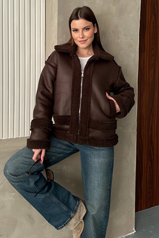 Kadın Kürklü Deri Mont - Oversize Suni Deri Kaban - Shearling İçi Peluş Ceket (Kahverengi  Siyah)