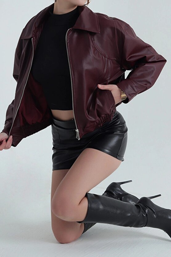 Kadın Deri Bomber Ceket - Yeni Sezon Oversize Crop Suni Deri Mont (Siyah  Kahverengi  Bordo)