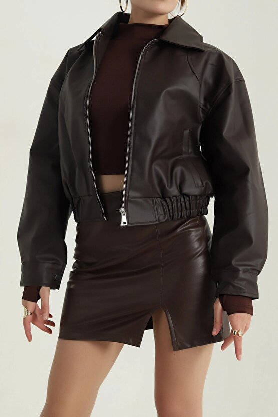 Kadın Deri Bomber Ceket - Yeni Sezon Oversize Crop Suni Deri Mont (Siyah  Kahverengi  Bordo)