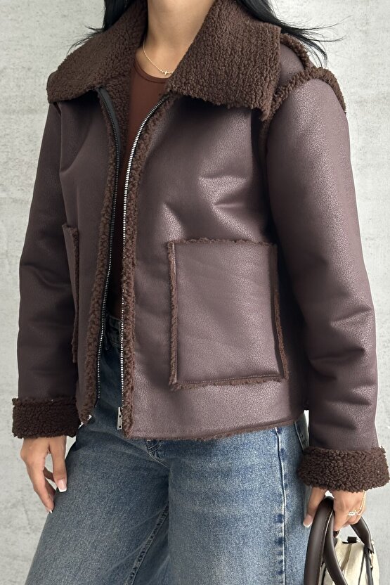 Kadın Kahverengi Çift Cepli Içi Kürklü Suni Deri Biker Ceket