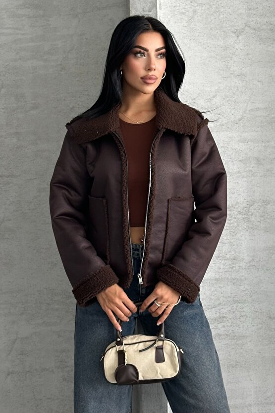 Kadın Kahverengi Çift Cepli Içi Kürklü Suni Deri Biker Ceket