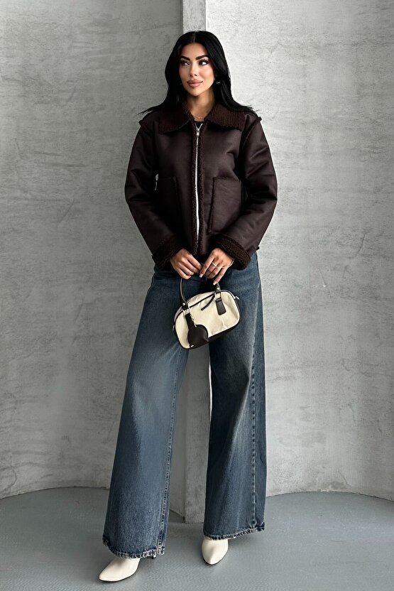 Kadın Kahverengi Çift Cepli Içi Kürklü Suni Deri Biker Ceket