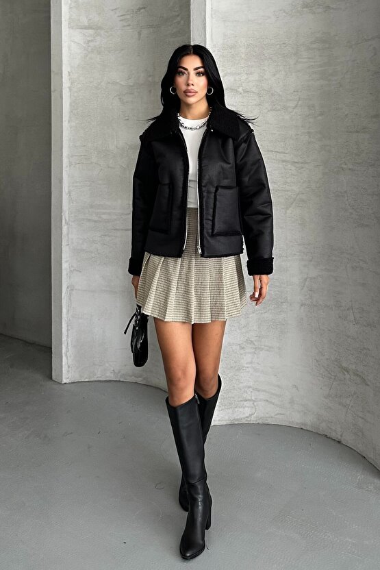 Kadın Siyah Çift Cepli Içi Kürklü Suni Deri Biker Ceket