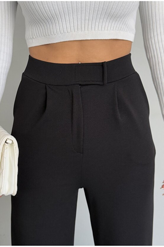 Kadın Yüksek Bel Cırt Kapamalı Likralı Siyah Palazzo Pantolon - Günlük Rahat Kalıp