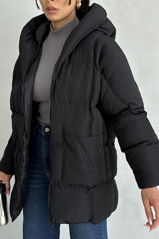 Puffer Yarasa Şişme Siyah Oversize Mont
