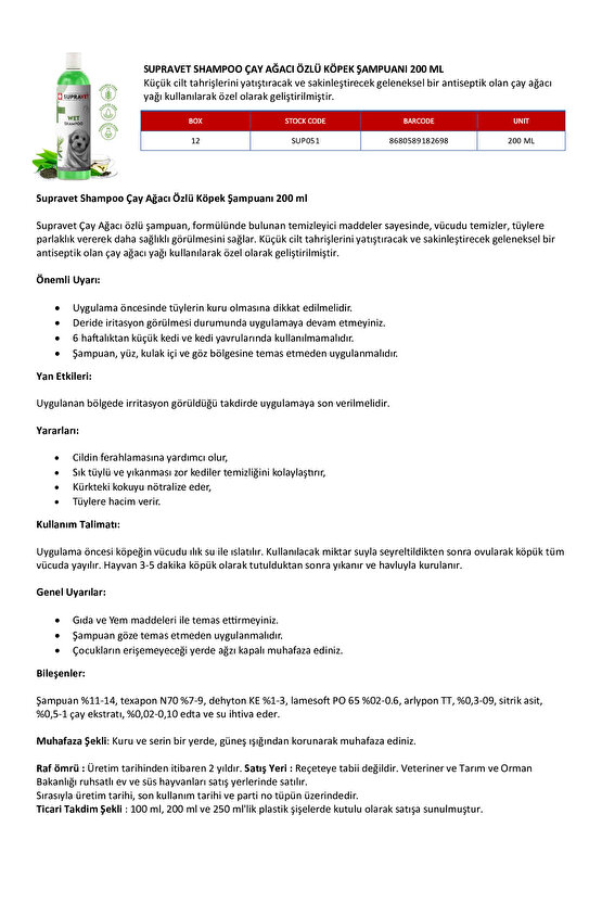Çay Ağacı Özlü Köpek Bit Pire Kene Şampuanı 200 ML