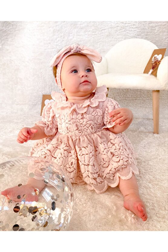 Kız Bebek Kız Çocuk Doğum Günü Parti Düğün Elbise Kısa Kol Bandanalı Dantelli Astarlı Romper