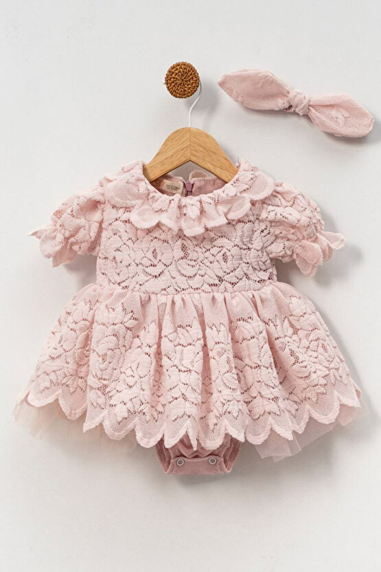 Kız Bebek Kız Çocuk Doğum Günü Parti Düğün Elbise Kısa Kol Bandanalı Dantelli Astarlı Romper
