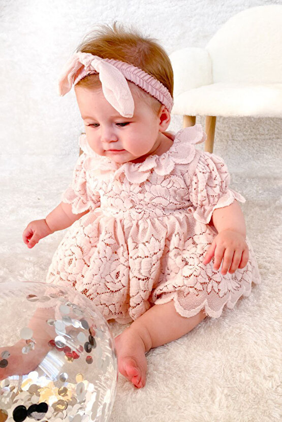 Kız Bebek Kız Çocuk Doğum Günü Parti Düğün Elbise Kısa Kol Bandanalı Dantelli Astarlı Romper