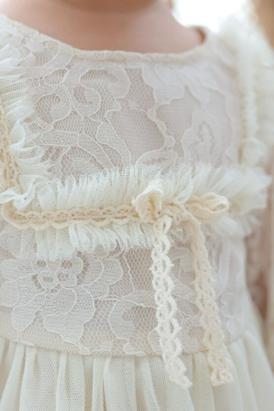 Kız Bebek Elbise Kız Çocuk Elbise Doğum Günü Parti Düğün Elbise Dantelli Uzun Kol Astarlı Elbise