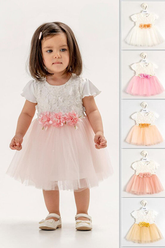 Kız Bebek Kız Çocuk Doğum Günü Parti Düğün Elbise Kısa Kol Dantel Çiçek Tüllü Tütülü Tütü Astarlı