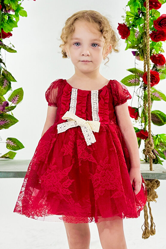 Kız Bebek Kız Çocuk Doğum Günü Parti Düğün Elbise Kısa Kol Dantelli Astarlı Elbise