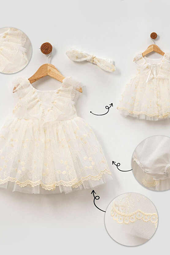 Kız Bebek Kız Çocuk Doğum Günü Parti Düğün Elbise Kısa Kol Bandanalı Dantelli Astarlı Romper