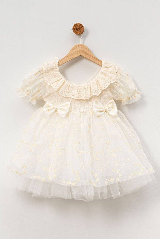 Kız Bebek Kız Çocuk Doğum Günü Parti Düğün Elbise Kısa Kol Fiyonk Dantelli Astarlı