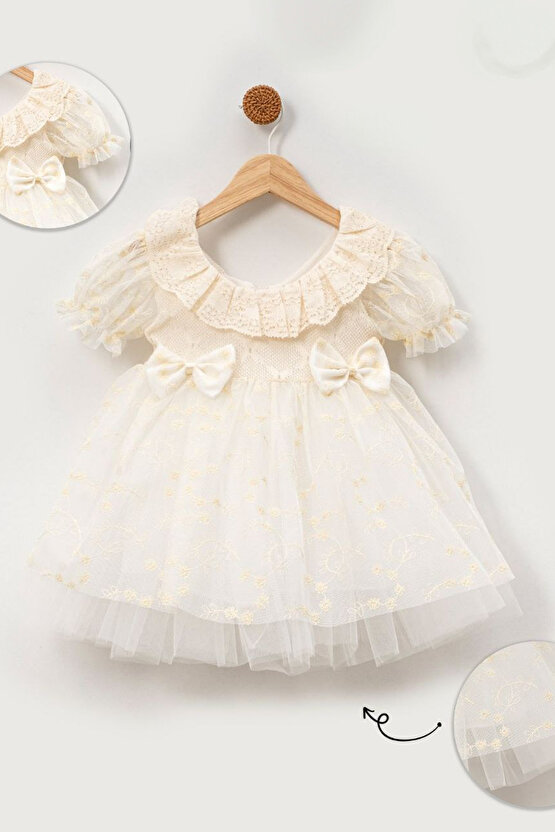 Kız Bebek Kız Çocuk Doğum Günü Parti Düğün Elbise Kısa Kol Fiyonk Dantelli Astarlı