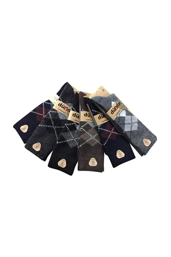 6lı Ekose Desenli Lambswool Yün Erkek Çorap Dikişsiz Doğal Termal