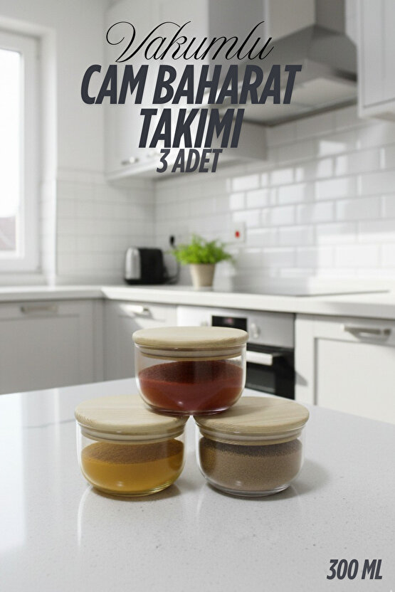 3lü Ahşap kapaklı cam baharatlık takımı 300 ml Vakum kapaklı (Etiket Hediyeli)