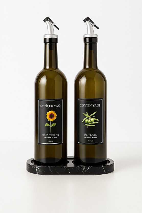 Mermer Desenli Akrilik Stantlı Amber 2li 750 ml Zeytinyağı Sıvıyağ Şişesi Yağdanlık Yağlık
