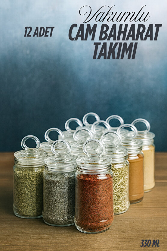 12 Adet Vakumlu Halka Kapak Cam Baharat Takımı (ETİKET HEDİYELİ)