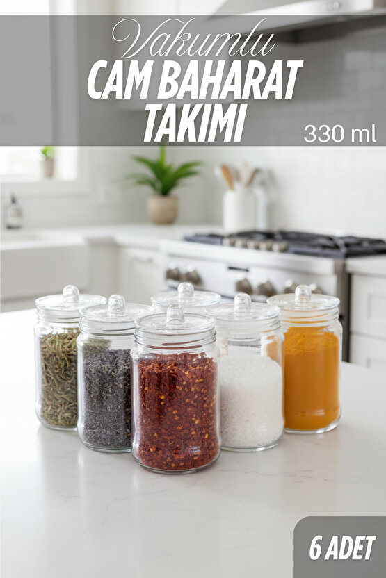 6 Adet Kulplu Ve Vakum Kapaklı Cam Baharat Takımı