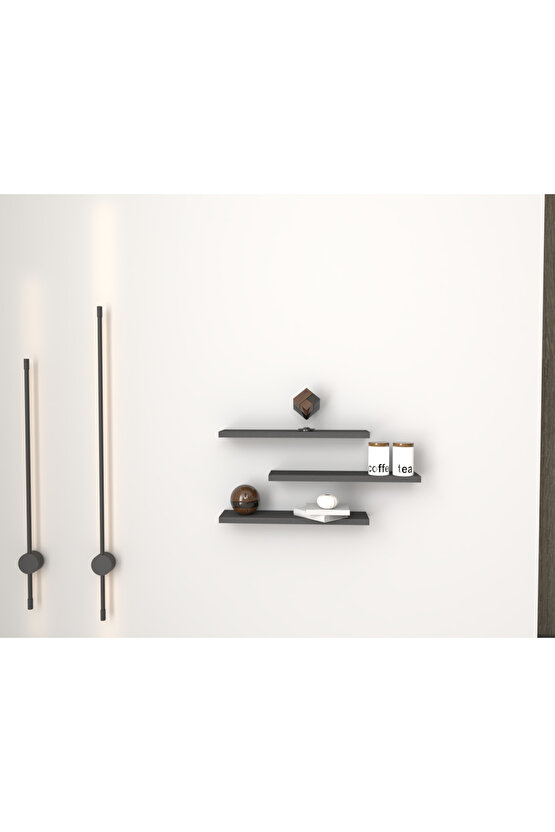 Üçlü Uçan Raf - Tv Rafı - Kitaplık Rafı- Duvar Rafı - Antrasit Gri