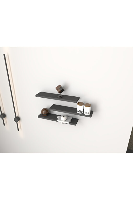 Üçlü Uçan Raf - Tv Rafı - Kitaplık Rafı- Duvar Rafı - Antrasit Gri