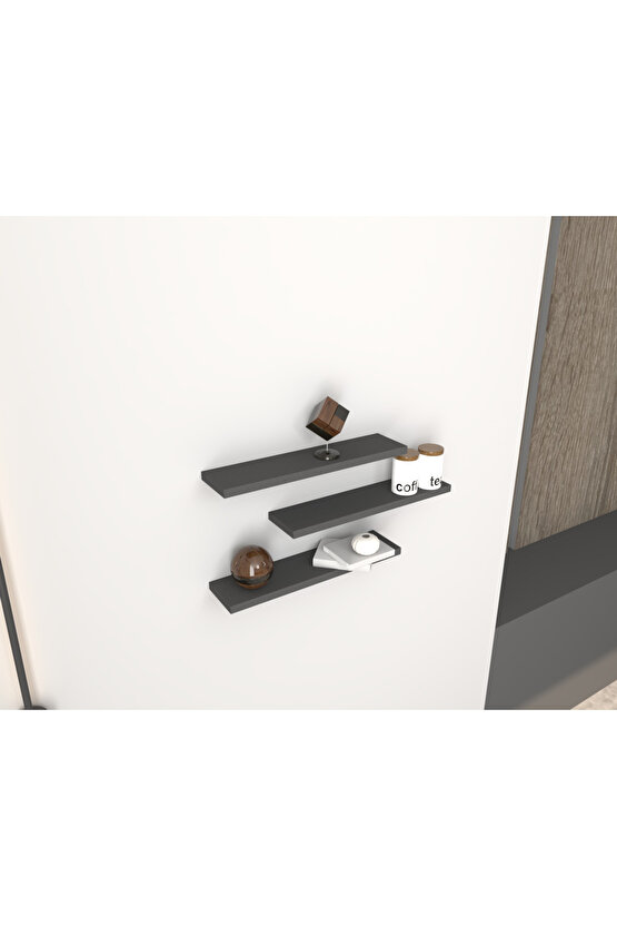 Üçlü Uçan Raf - Tv Rafı - Kitaplık Rafı- Duvar Rafı - Antrasit Gri