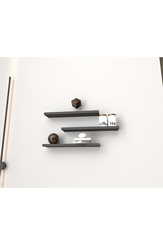 Üçlü Uçan Raf - Tv Rafı - Kitaplık Rafı- Duvar Rafı - Antrasit Gri