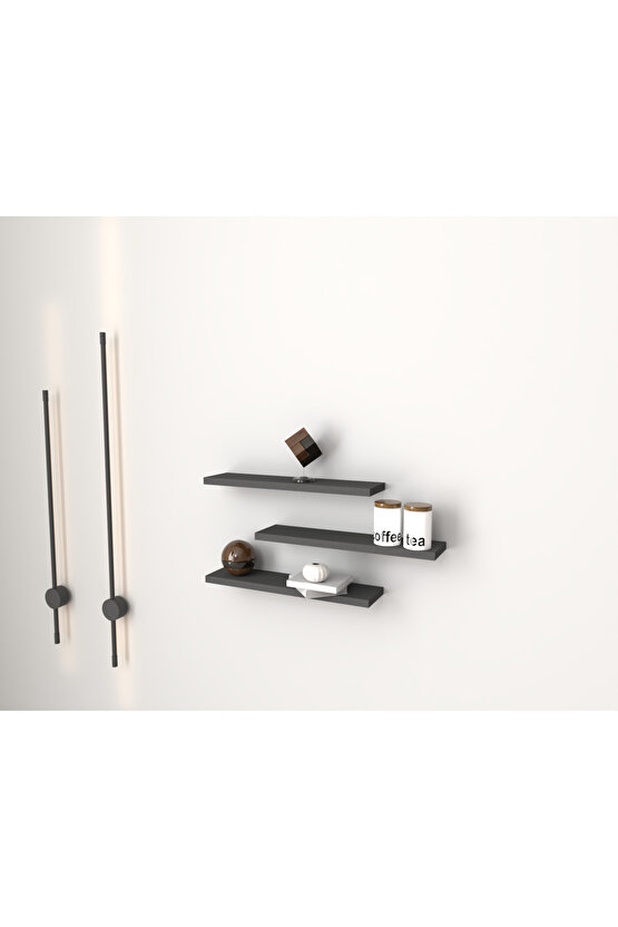 Üçlü Uçan Raf - Tv Rafı - Kitaplık Rafı- Duvar Rafı - Antrasit Gri