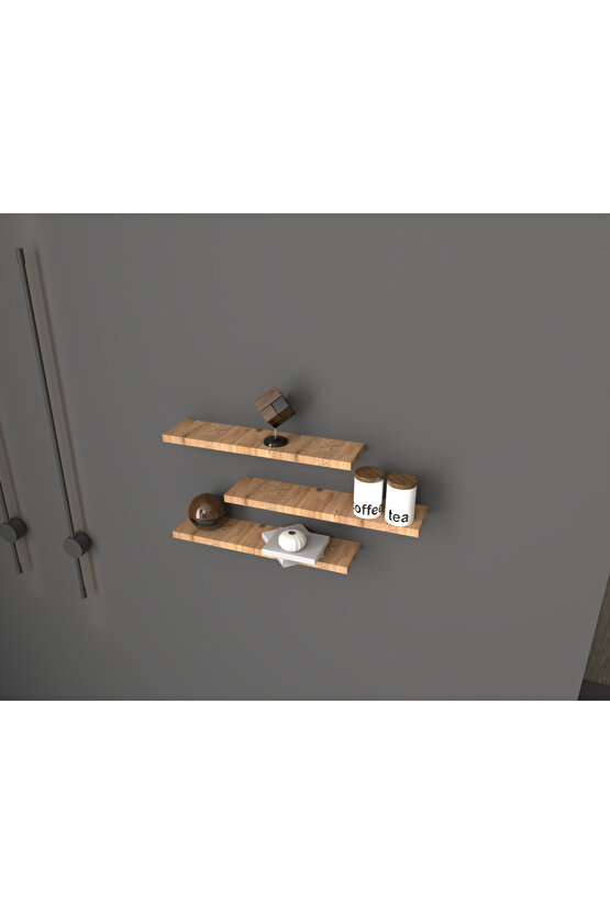 Üçlü Uçan Raf - Tv Rafı - Kitaplık Rafı- Duvar Rafı - Atlantik Çam