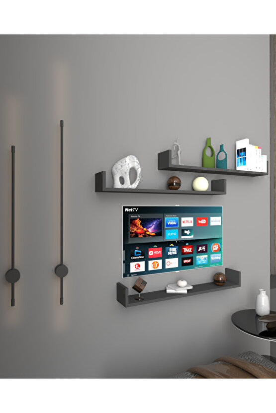 Üçlü Uçan Raf - Tv Rafı - Duvar Rafı - Kitaplık Rafı - Antrasit