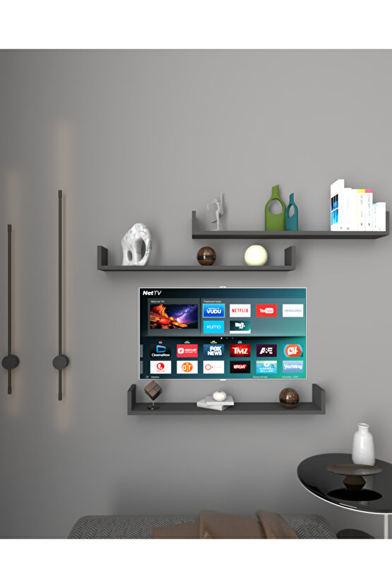Üçlü Uçan Raf - Tv Rafı - Duvar Rafı - Kitaplık Rafı - Antrasit