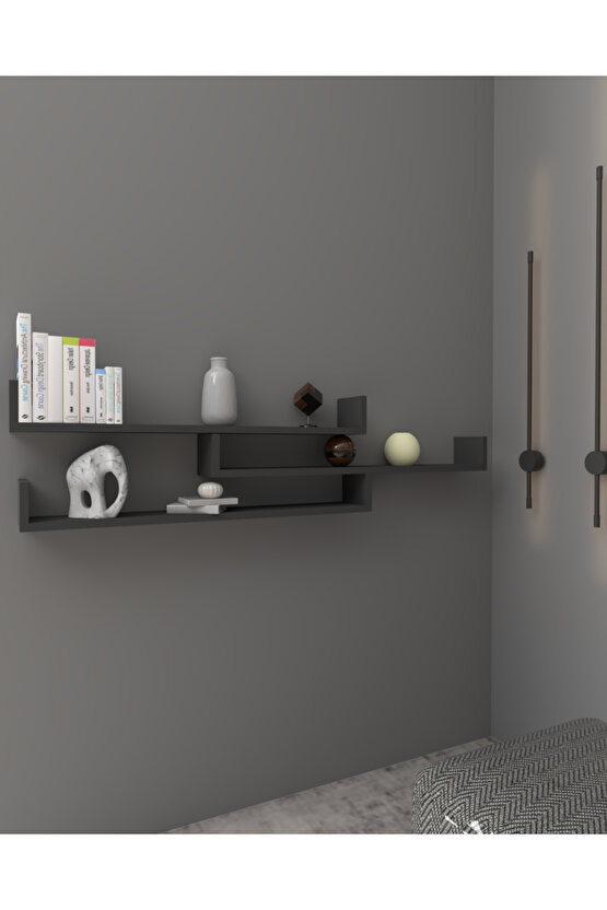 Üçlü Uçan Raf - Tv Rafı - Duvar Rafı - Kitaplık Rafı - Antrasit