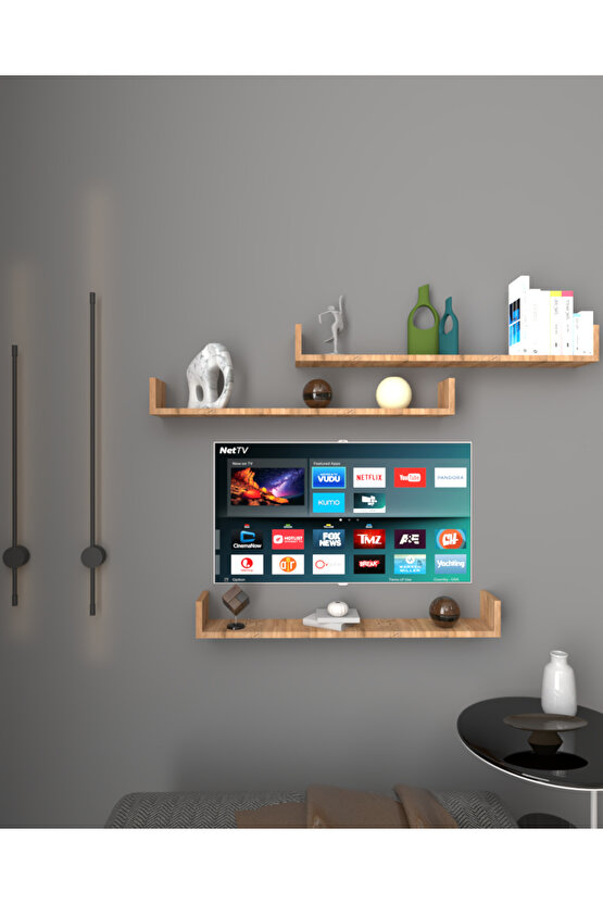 Üçlü Uçan Raf - Tv Rafı - Duvar Rafı - Kitaplık Rafı - Atlantik Çam