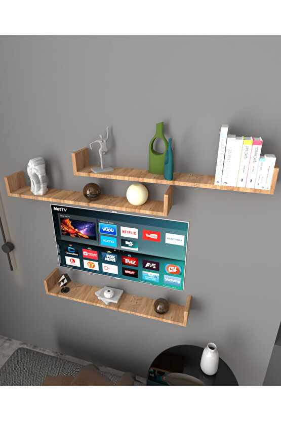 Üçlü Uçan Raf - Tv Rafı - Duvar Rafı - Kitaplık Rafı - Atlantik Çam