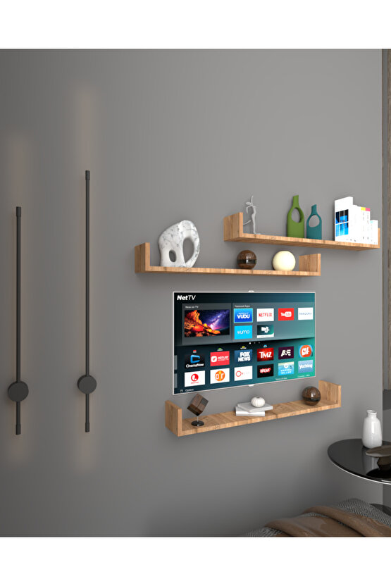 Üçlü Uçan Raf - Tv Rafı - Duvar Rafı - Kitaplık Rafı - Atlantik Çam