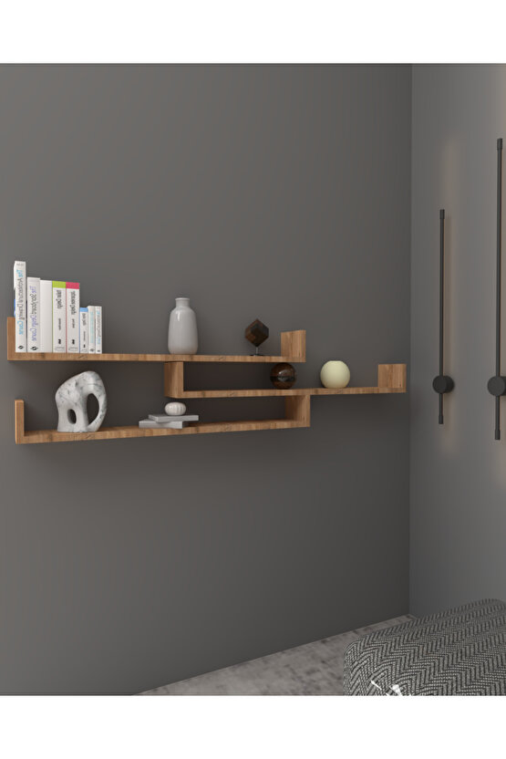 Üçlü Uçan Raf - Tv Rafı - Duvar Rafı - Kitaplık Rafı - Atlantik Çam