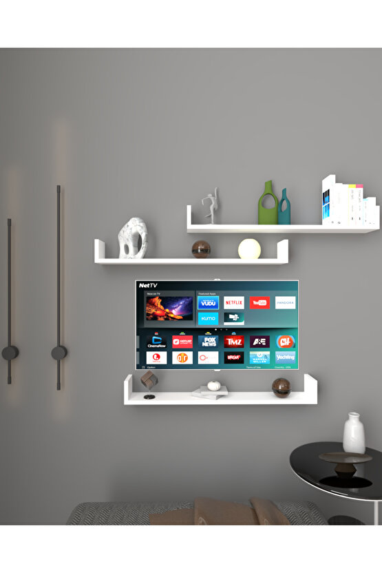 Üçlü Uçan Raf - Tv Rafı - Duvar Rafı - Kitaplık Rafı - Beyaz